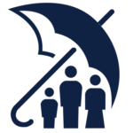 Icon of three people standing underneath a large umbrella.